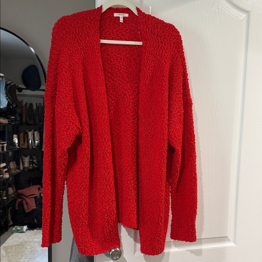 Maurice’s Cozy Open-Front Red Bouclé Cardigan Sweater